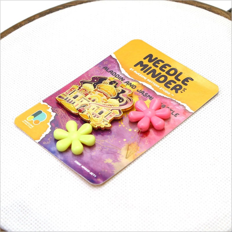 Awesome Pattern Studio Needle Minder Set - Aladdin and Jasmin Castle Magnetic Needle Minder + 2 Needle Threaders. Enamel Pin for Cross Stitch, Embroidery and Craft - Image 3